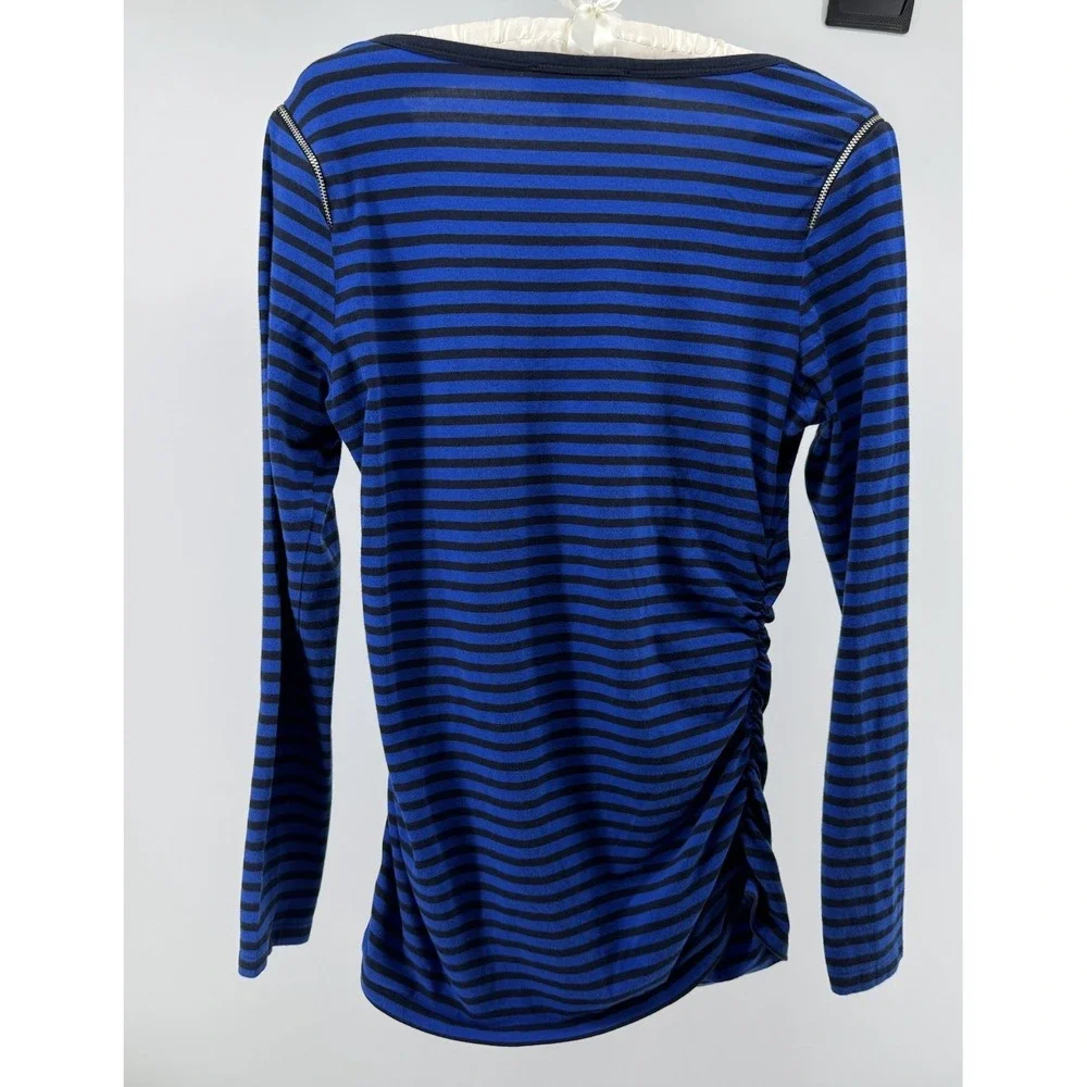 Michael Kors Striped Top Blue Black Zip Shoulder Stretch Slim Rouched Sides Med